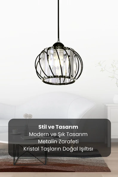 Luna Lighting Quattro Model Siyah Renk Kaplama Metal Kristal Taşlı Salon Oturma Odası Tavan Sarkıt Avize - 5