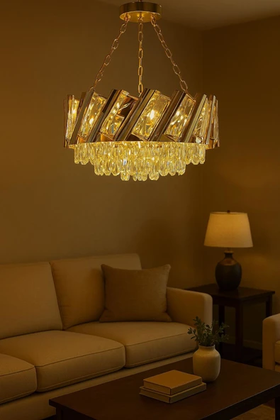 Luna Lighting Firuze Model Gold Kaplama Şık Taşlı Salon Antre Oturma Misafir Odası Modern Avize - 2