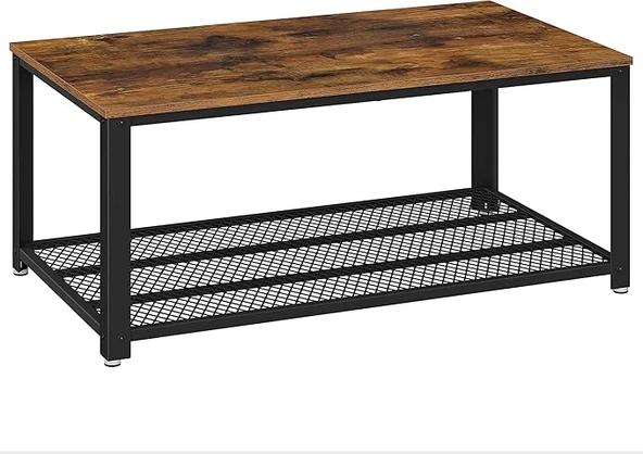 Vasagle Sehpa, 2 Katlı Oturma Odası Masası, Izgara Raflı, Tv Masası, Metal Çerçeve, Ayarlanabilir Ayaklar, Oturma Odası Için, Endüstriyel Tarz, Vintage Kahverengi/Siyah Lct61X