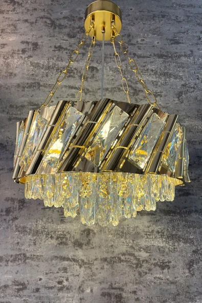 Luna Lighting Firuze Model Gold Kaplama Şık Taşlı Salon Antre Oturma Misafir Odası Modern Avize - 3