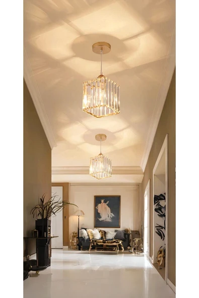 Luna Lighting Modern Luxury Sarkıt Avize Hol Antre Sarı Kare Kristal Taşlı Avize