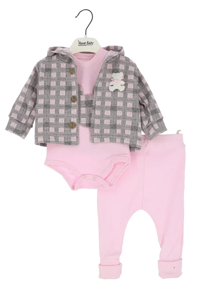 Kız Bebek Takım Üç Parça Hırka Düğmeli Ayıcık Fiyonklu
