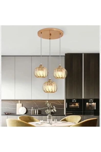 Luna Lighting Venezia Model Gold Renk Taşlı Estetik Dekoratif Salon Mutfak Yatak Odası Hol Antre Üçlü Sarkıt Avize - 4