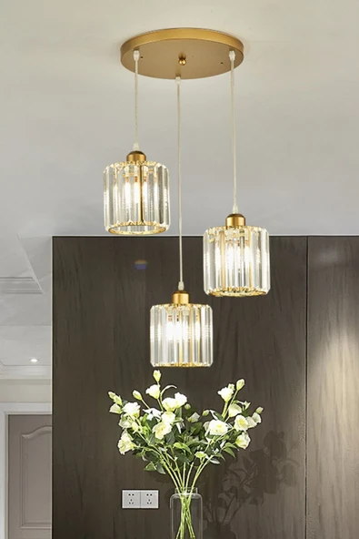 Luna Lighting Radiosa Gold Renk Kristal Taşlı Dekoratif Modern Salon Mutfak Hol Oda Antre Üçlü Sarkıt Avize - 5