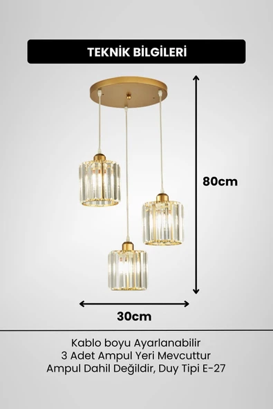 Luna Lighting Radiosa Gold Renk Kristal Taşlı Dekoratif Modern Salon Mutfak Hol Oda Antre Üçlü Sarkıt Avize - 4
