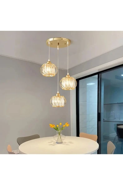 Luna Lighting Venezia Model Gold Renk Taşlı Estetik Dekoratif Salon Mutfak Yatak Odası Hol Antre Üçlü Sarkıt Avize - 3
