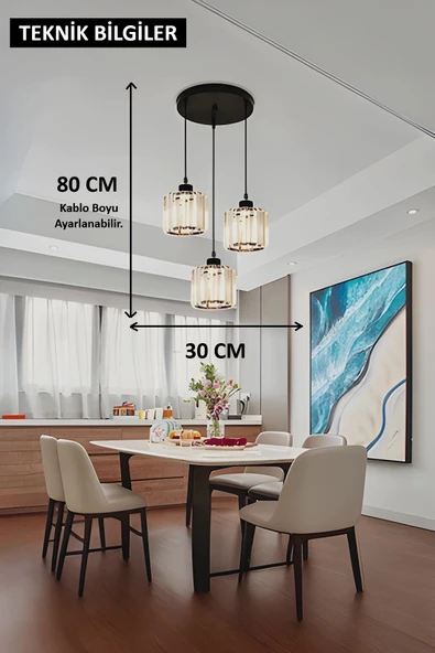 Luna Lighting Radiosa Model Siyah Renk Taşlı Dekoratif Salon Mutfak Yatak Odası Hol Antre Üçlü Sarkıt Avize - 3