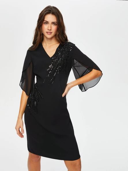 Taş Ve Boncuk Süslemeli Şifon Kollu V Yaka Abiye Elbise  Faik Sönmez - Resim 7