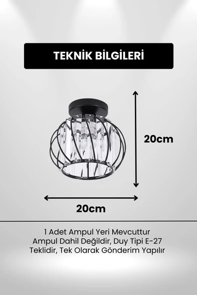Luna Lighting Bella Luce Model Siyah Renk Metal Kristal Taşlı Salon Mutfak Yatak Oturma Odası Plafonyer Avize - 2