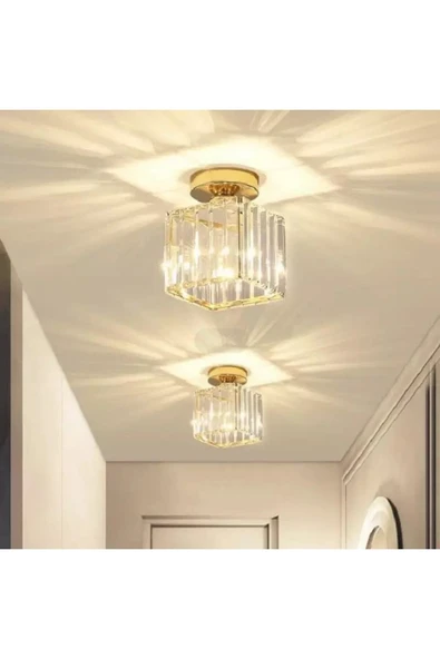 Luna Lighting Modern Luxury Plafonyer Tavan Avize Hol Antre Sarı Kare Kristal Taşlı Avize - 2