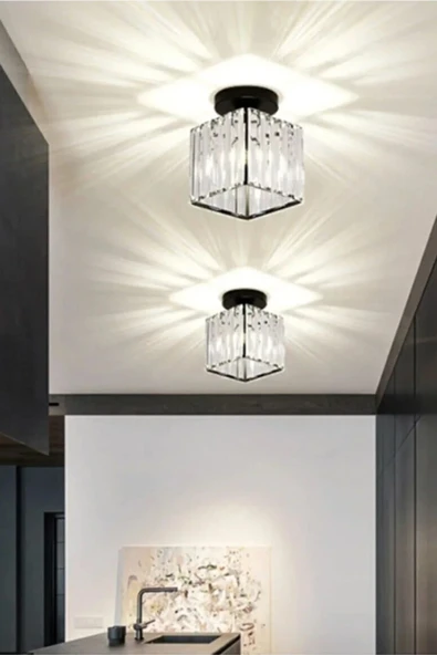 Luna Lighting Modern Luxury Plafonyer Tavan Avize Hol Antre Siyah Kare Kristal Taşlı Avize - 5