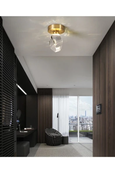Luna Lighting Modern Concept Kristal Camlı Gold Detaylı Tekli Plafonyer Tavan Ledli Avize