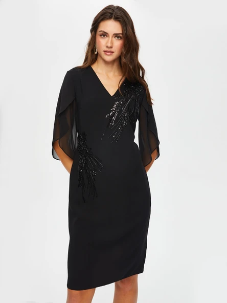 Taş Ve Boncuk Süslemeli Şifon Kollu V Yaka Abiye Elbise  Faik Sönmez - Resim 5