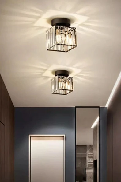 Luna Lighting Modern Luxury Plafonyer Tavan Avize Hol Antre Siyah Kare Kristal Taşlı Avize - 4