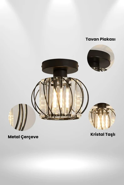 Luna Lighting Bella Luce Model Siyah Renk Metal Kristal Taşlı Salon Mutfak Yatak Oturma Odası Plafonyer Avize - 4