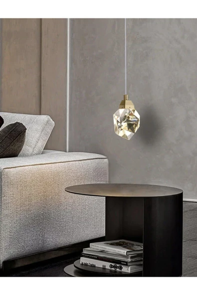 Luna Lighting Modern Concept Kristal Camlı Gold Detaylı Tekli Sarkıt Ledli Avize