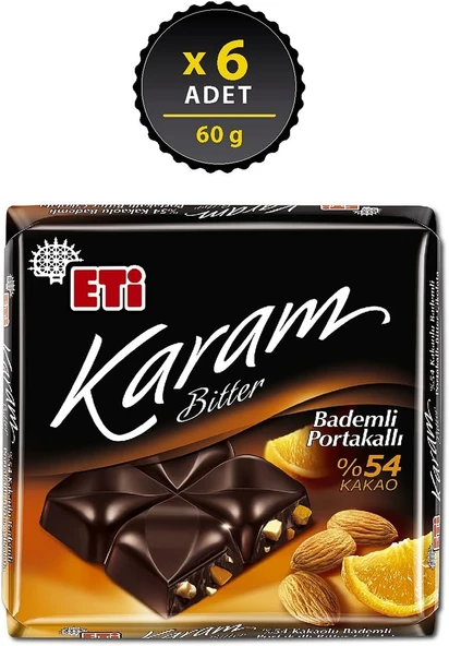 Eti Karam %54 Kakaolu Bademli Portakallı Bitter Çikolata 60 g x 6 Adet - 2