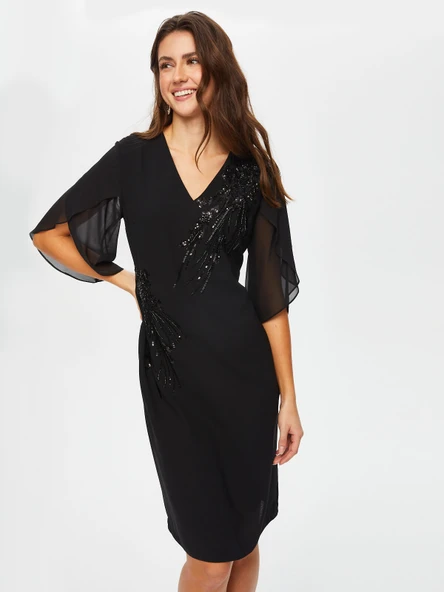 Taş Ve Boncuk Süslemeli Şifon Kollu V Yaka Abiye Elbise  Faik Sönmez - Resim 6