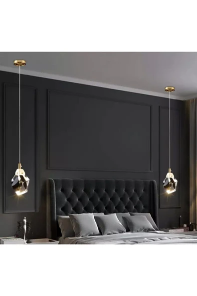 Luna Lighting Modern Concept Kristal Camlı Gold Detaylı Tekli Sarkıt Ledli Avize - 2