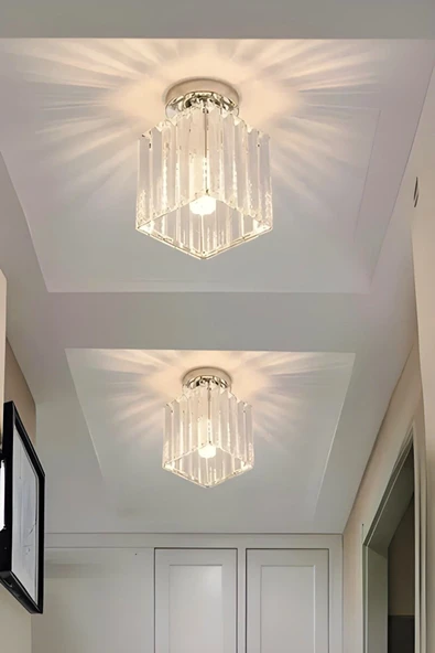 Luna Lighting Meriva Model Modern Luxury Plafonyer Oda Hol Antre Koridor Salon Krom Kare Kristal Taşlı Avize