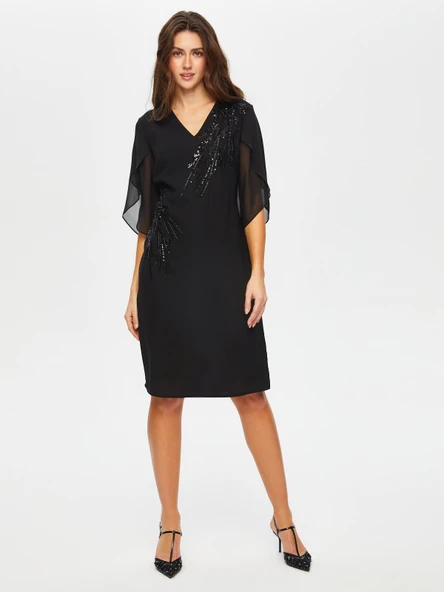 Taş Ve Boncuk Süslemeli Şifon Kollu V Yaka Abiye Elbise  Faik Sönmez ürün görseli