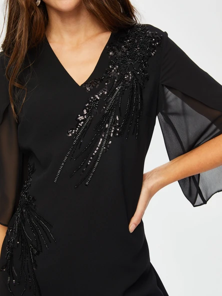 Taş Ve Boncuk Süslemeli Şifon Kollu V Yaka Abiye Elbise  Faik Sönmez - Resim 9