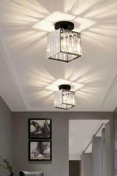 Luna Lighting Modern Luxury Plafonyer Tavan Avize Hol Antre Siyah Kare Kristal Taşlı Avize - 2