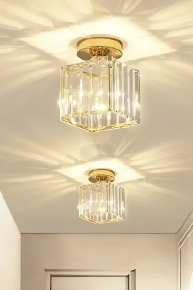 Luna Lighting Modern Luxury Plafonyer Tavan Avize Hol Antre Sarı Kare Kristal Taşlı Avize