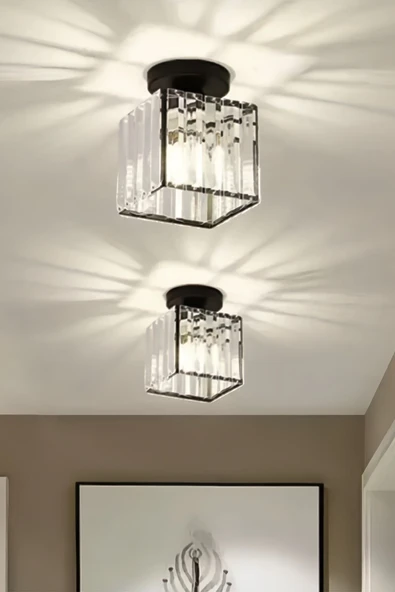 Luna Lighting Modern Luxury Plafonyer Tavan Avize Hol Antre Siyah Kare Kristal Taşlı Avize