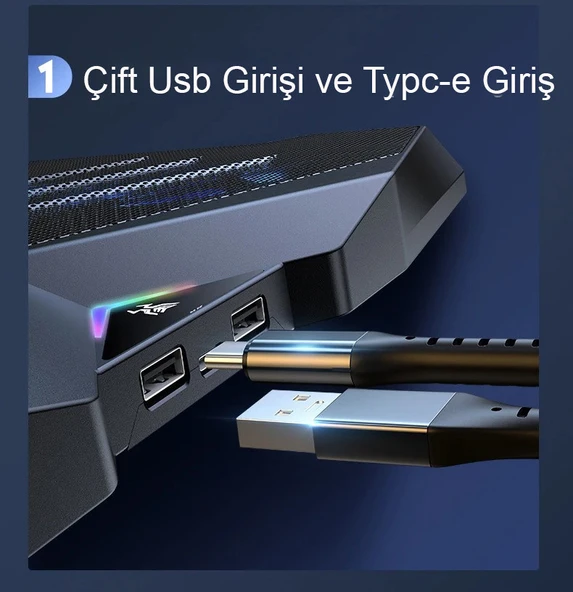 Monozone 8 Fanlı 18-11İnç RGB Işıklı Notebook Laptop Soğutucu Fan Yükseklik Ayarlı Sessiz LCD Pro Stand Çift USB 1 Type-c Giriş - 5
