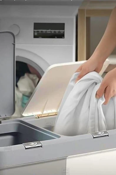 2’li Kirli Sepeti 80 Litre Çamaşır Sepeti Dokunmatik Motek Kirli Çamaşır Sepeti Gri-Beyaz - 2