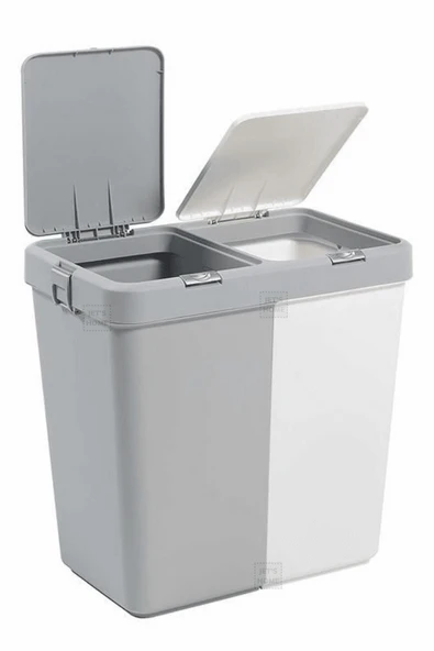 2’li Kirli Sepeti 80 Litre Çamaşır Sepeti Dokunmatik Motek Kirli Çamaşır Sepeti Gri-Beyaz - 3