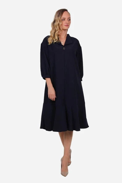 Kadın Taş Düğme Detaylı V Yaka Elbise FRN3060