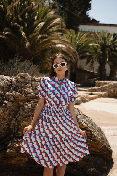 Kadın Lastik Belli Desenli Elbise FRN30389