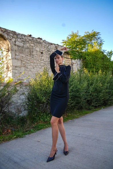 Kadın Fiyonk Detaylı Yüksek Yaka Elbise FRN3101 - 7