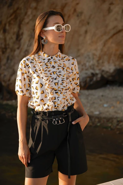 Kadın Volan Detaylı Geometrik Desenli Gömlek Bluz FRN1008 - 9