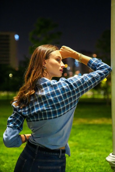 Kadın Ekoseli Düşük Omuzlu Gömlek FRN1114 - 4