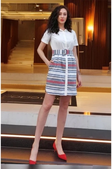 Kadın Çizgili Gömlek Elbise FRN30339 - 5