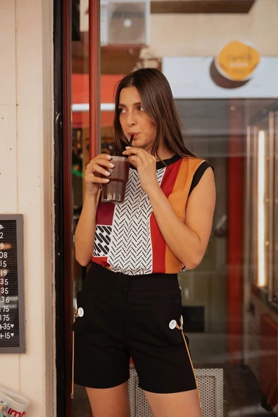 Kadın Desenli Blok Renkli Kolsuz Bluz FRN1108 - 6