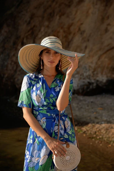 Kadın Çiçek Desenli Kuşaklı Kruvaze Elbise FRN30383 - 11