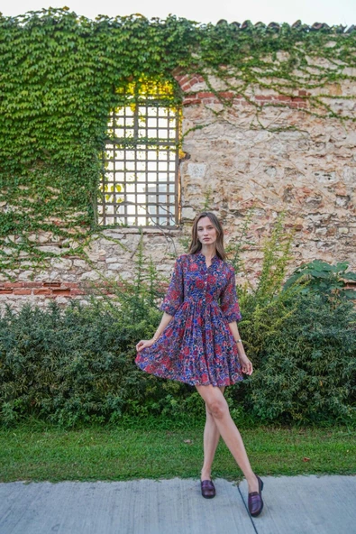 Kadın Lastik Kollu Çiçek Desenli Elbise FRN30382 - 8