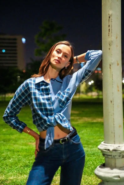 Kadın Ekoseli Düşük Omuzlu Gömlek FRN1114