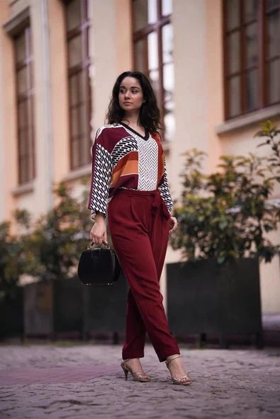 Kadın Geometrik Desenli Blok Renkli Bluz FRN1103