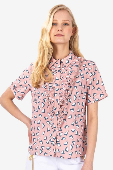 Kadın Volan Detaylı Geometrik Desenli Gömlek Bluz FRN1008 - 3