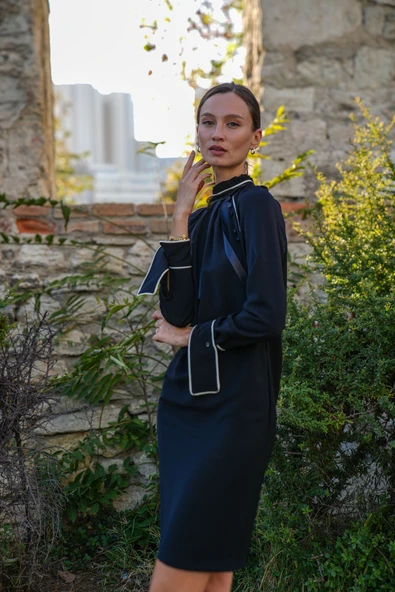 Kadın Fiyonk Detaylı Yüksek Yaka Elbise FRN3101 - 5