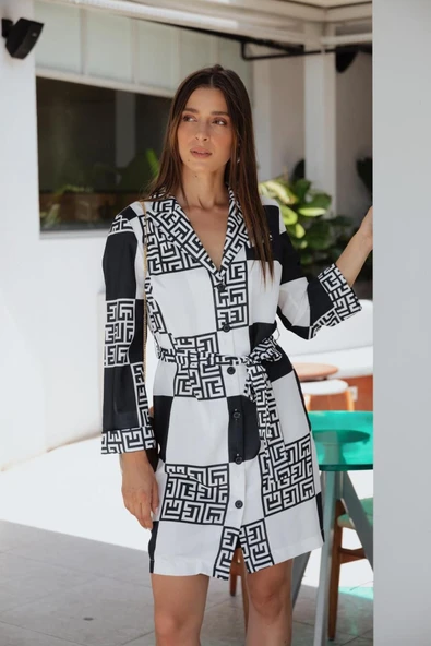 Kadın Desenli Mini Ceket Yaka Elbise FRN3020