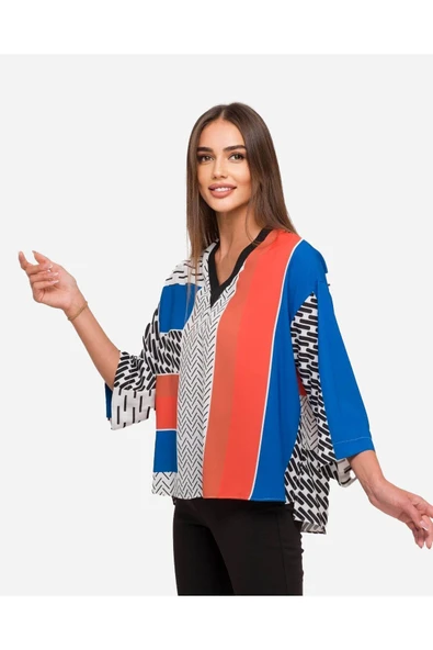 Kadın Geometrik Desenli Blok Renkli Bluz FRN1103 - 11