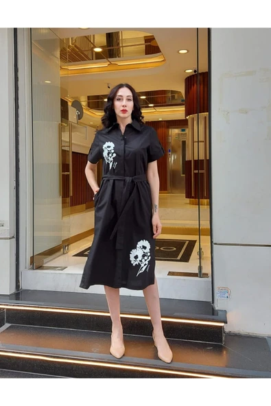 Kadın Çiçek Baskılı Gömlek Elbise FRN3049