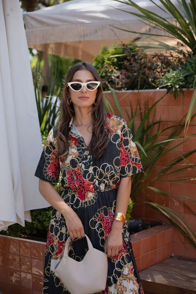 Kadın Desenli Midi Gömlek Elbise FRN3005