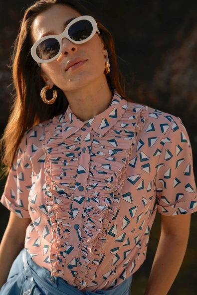 Kadın Volan Detaylı Geometrik Desenli Gömlek Bluz FRN1008 - 2